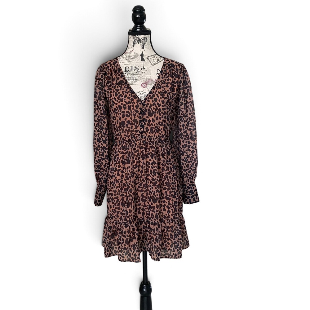 Lulus Mini Dress Women S Brown Leopard Print V-Neck Long Sleeve Ruffle Statement
